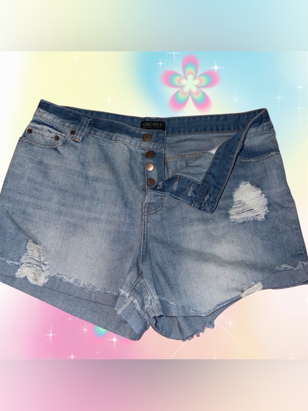 Forever 21 Light Wash Distressed Denim Button-Front Shorts